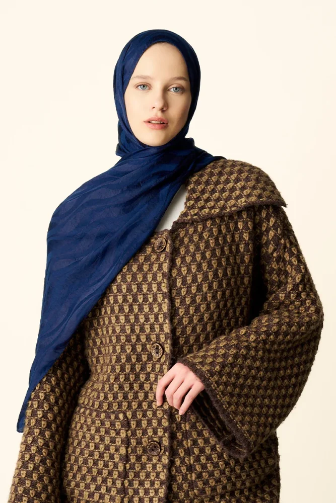 Premium Jakar Şal Dalga Desen - Gece Mavisi - 2