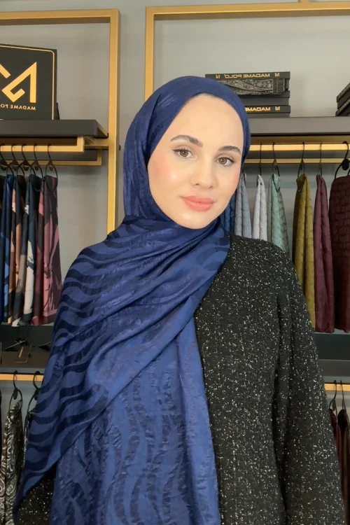 Premium Jakar Şal Dalga Desen - Gece Mavisi 