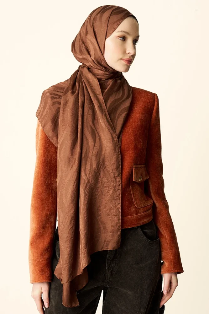 Premium Jakar Şal Dalga Desen - Kızıl Kahve - 2