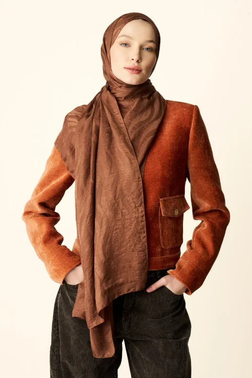 Premium Jakar Şal Dalga Desen - Kızıl Kahve 