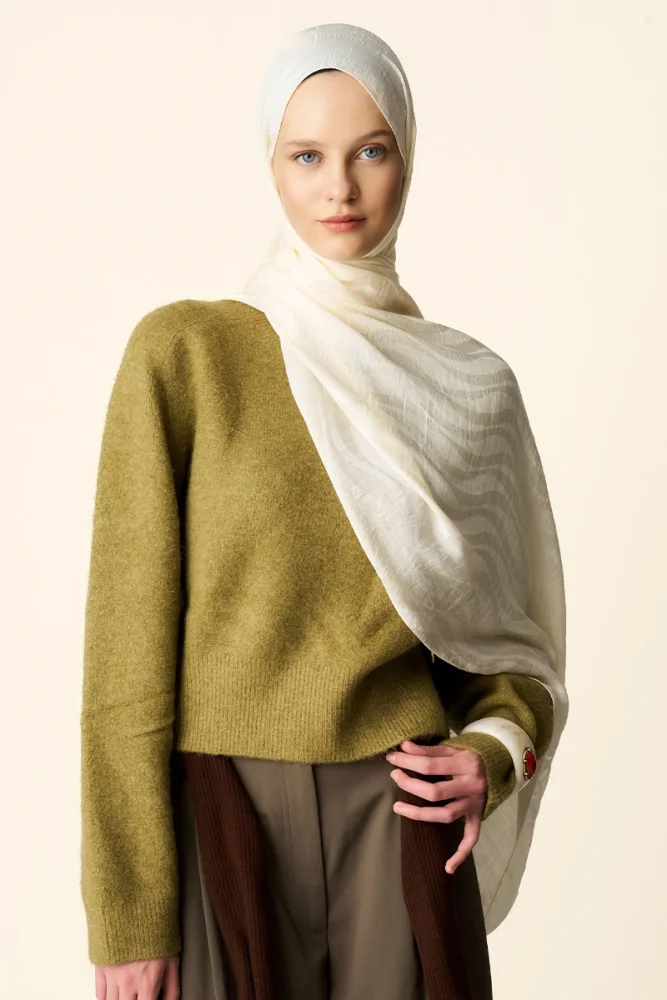 Premium Jakar Şal Dalga Desen - Krem - 2