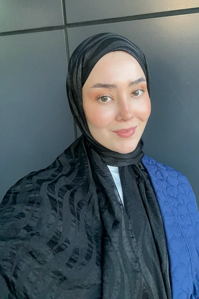 Premium Jakar Şal Dalga Desen - Siyah - 1