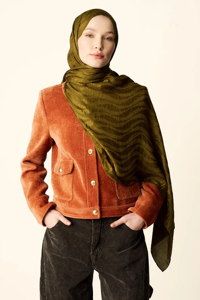 Premium Jakar Şal Dalga Desen - Yağ Yeşili - 2