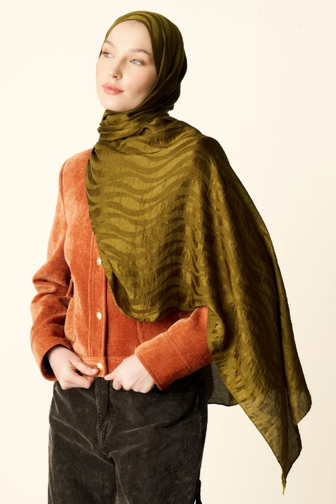 Premium Jakar Şal Dalga Desen - Yağ Yeşili - 3
