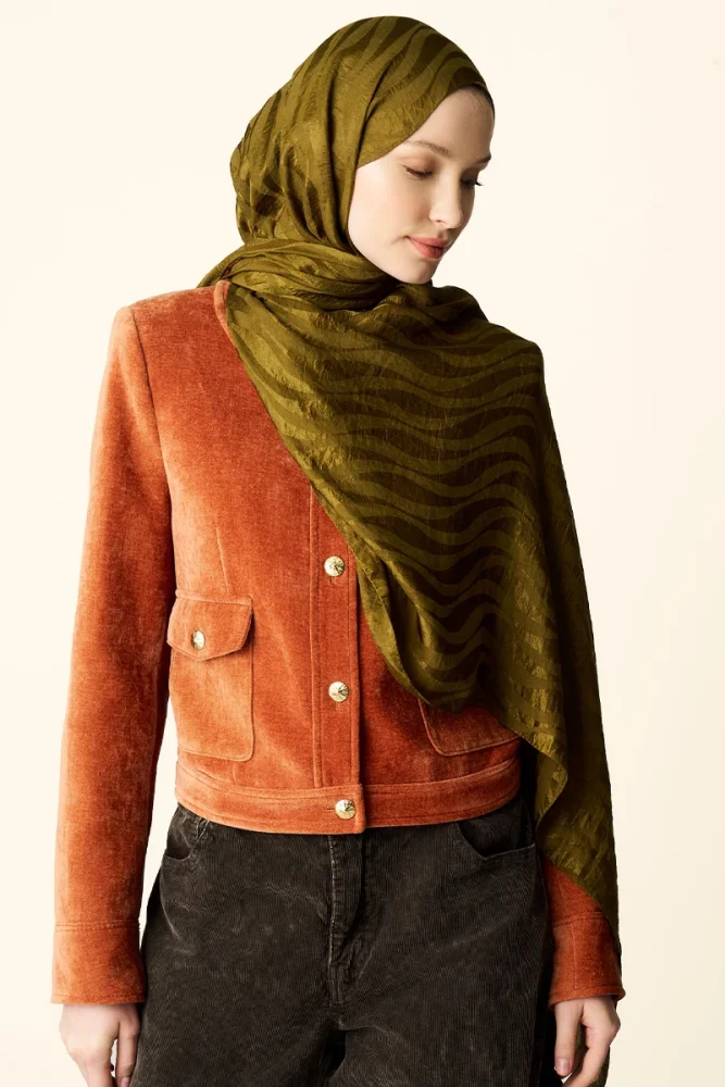 Premium Jakar Şal Dalga Desen - Yağ Yeşili - 4