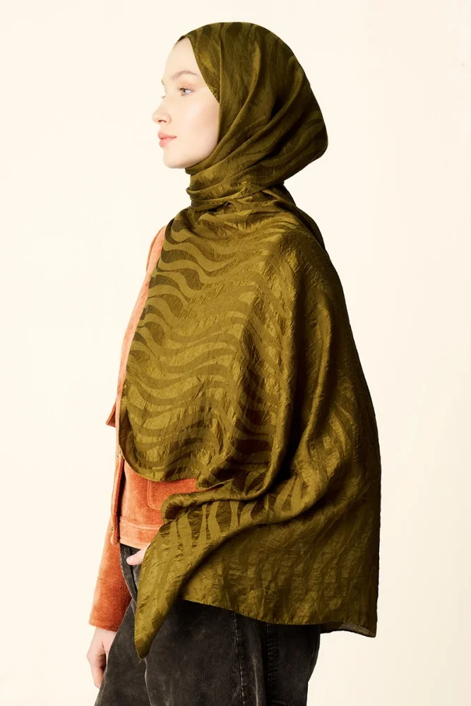 Premium Jakar Şal Dalga Desen - Yağ Yeşili - 5