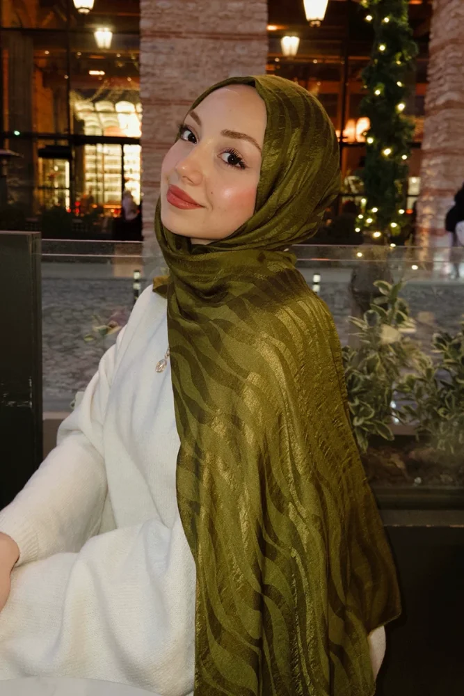 Premium Jakar Şal Dalga Desen - Yağ Yeşili - 1