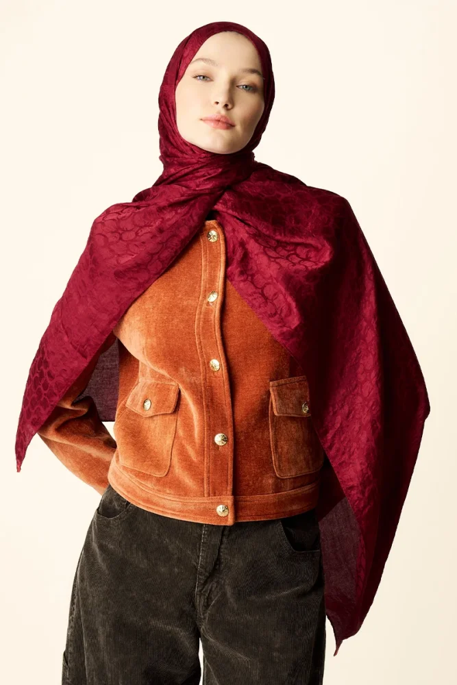 Premium Jakar Şal Halka Desen - Bordo - 5