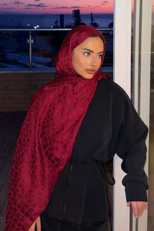 Premium Jakar Şal Halka Desen - Bordo 