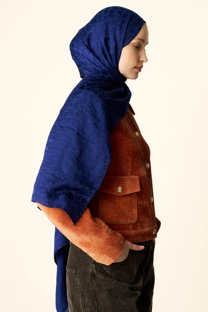 Premium Jakar Şal Halka Desen - Gece Mavisi - 4