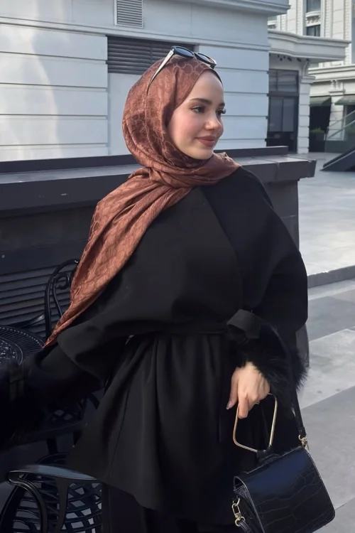 Premium Jakar Şal Halka Desen - Kızıl Kahve 