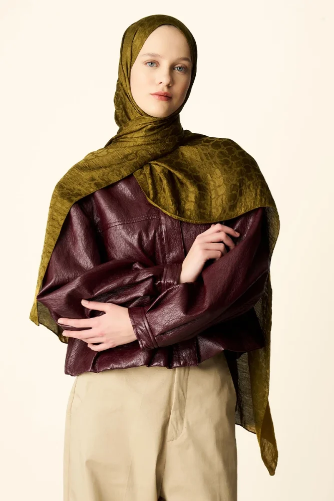 Premium Jakar Şal Halka Desen - Yağ Yeşili - 5