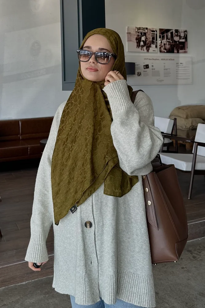Premium Jakar Şal Halka Desen - Yağ Yeşili - 2