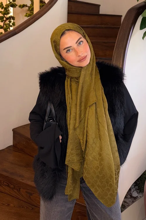 Premium Jakar Şal Halka Desen - Yağ Yeşili 