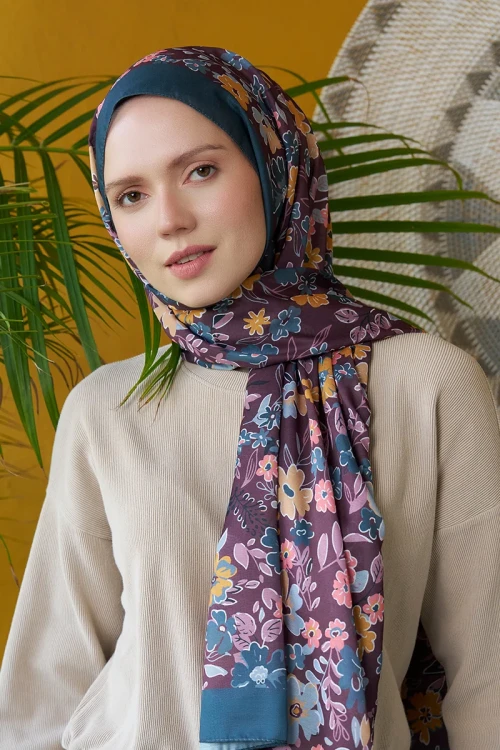 Seremoni Koleksiyonu Flora Desen Şal - Mürdüm 