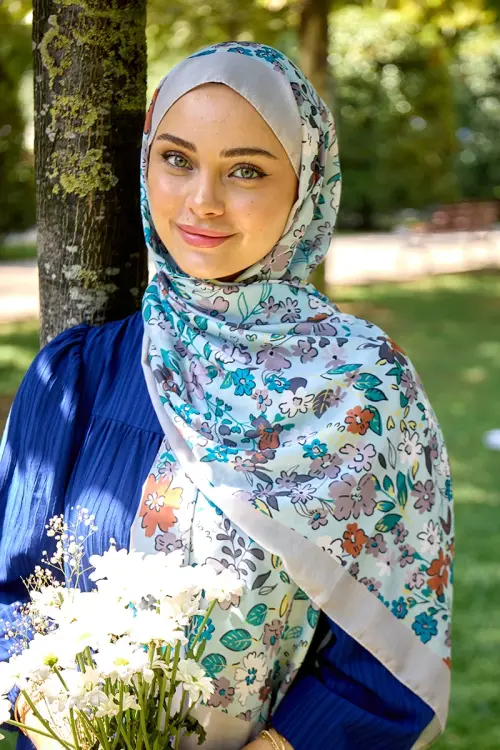 Seremoni Koleksiyonu Flora Desen Şal - Soft Mavi 