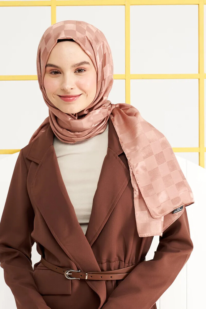 Silky Jacquard Italian Hijab Checker Pattern - Bronze - MADAME POLO