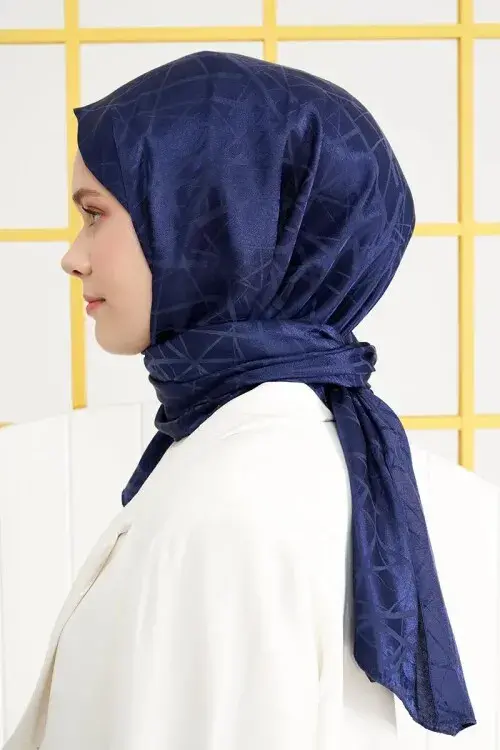 Silky Jacquard Italian Hijab Line Pattern - Navy Blue - MADAME POLO