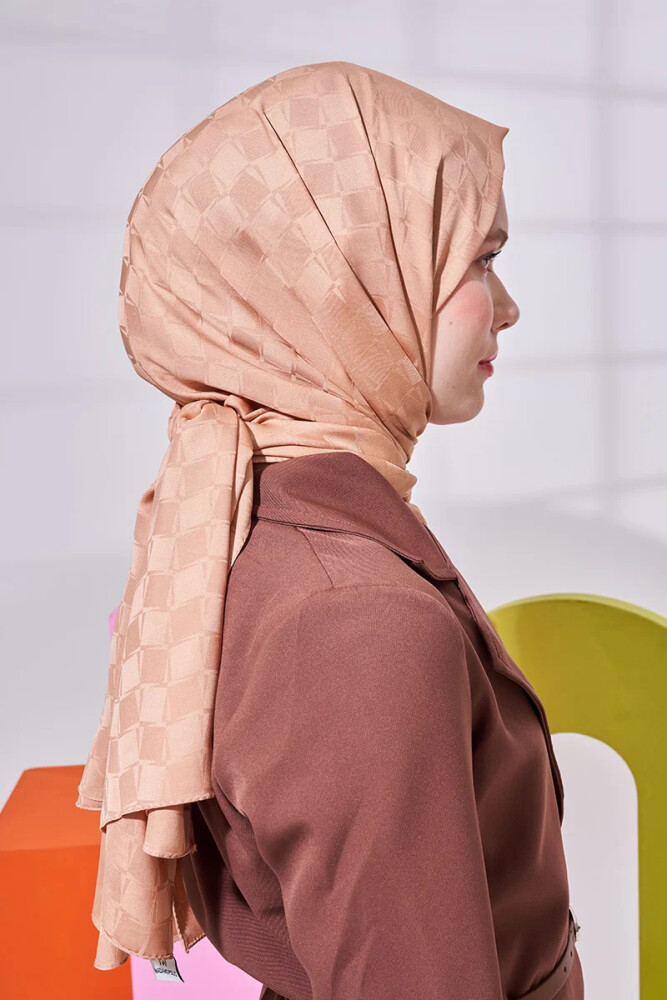 Silky Jacquard Lara Hijab Checker Pattern - Camel - MADAME POLO
