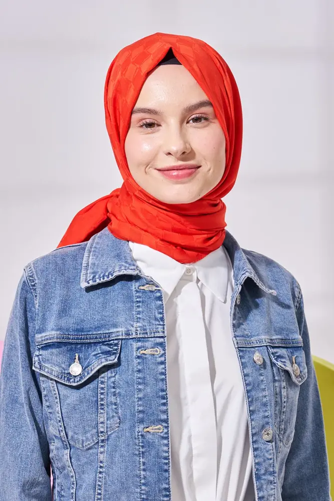 Silky Jacquard Lara Hijab Checker Pattern - Coral - 2
