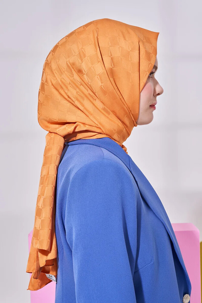 Silky Jacquard Lara Hijab Checker Pattern - Orange - MADAME POLO