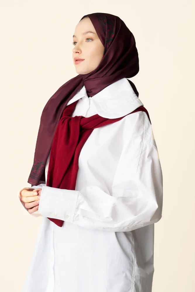 Verona Desenli Pamuk Dokulu Şal - Bordo - 2