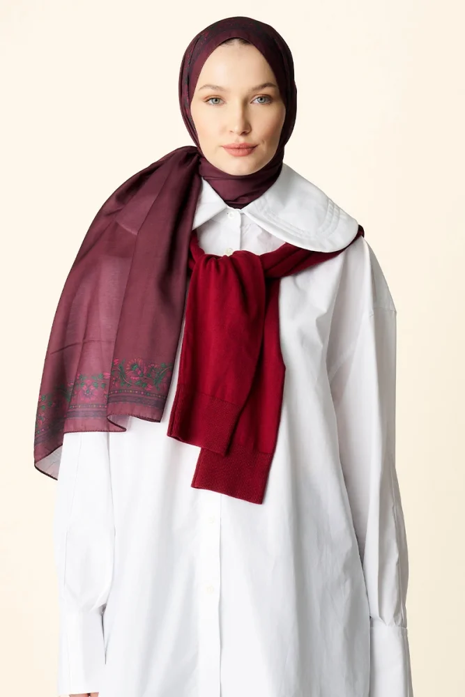 Verona Desenli Pamuk Dokulu Şal - Bordo - 3