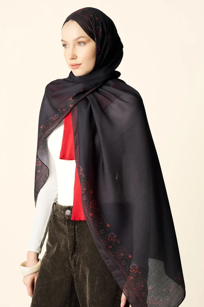 Verona Desenli Pamuk Dokulu Şal - Kahverengi - 2