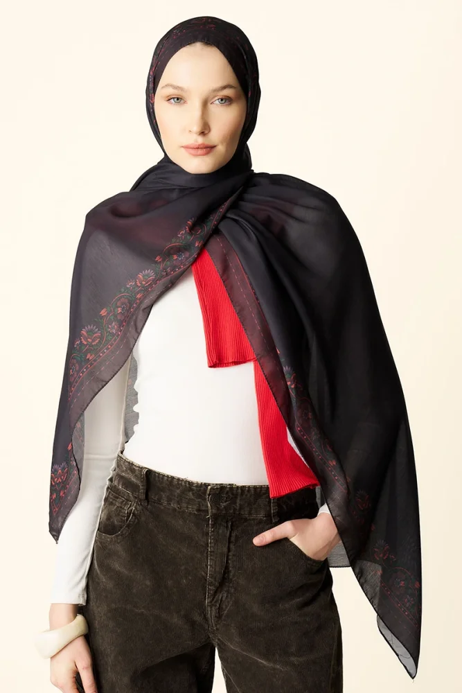 Verona Desenli Pamuk Dokulu Şal - Kahverengi - 3