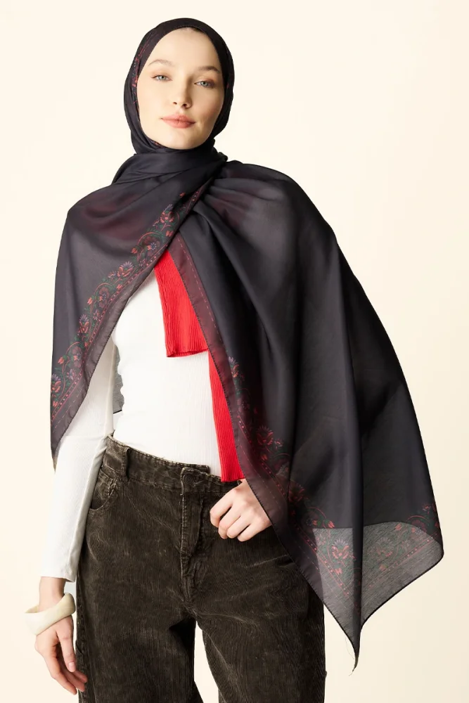 Verona Desenli Pamuk Dokulu Şal - Kahverengi - 1