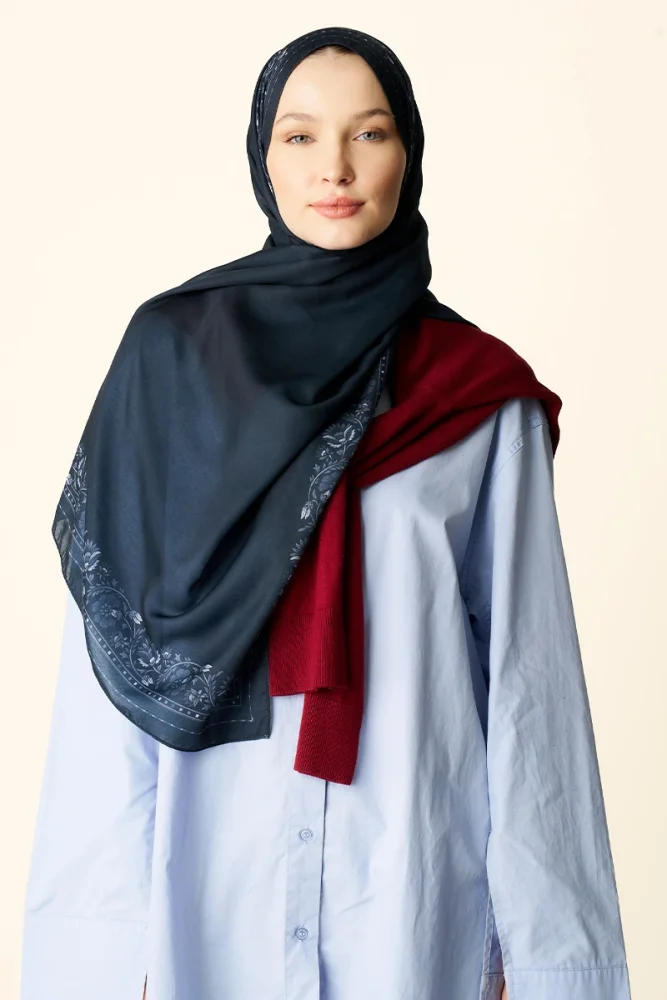 Verona Desenli Pamuk Dokulu Şal - Siyah - 3