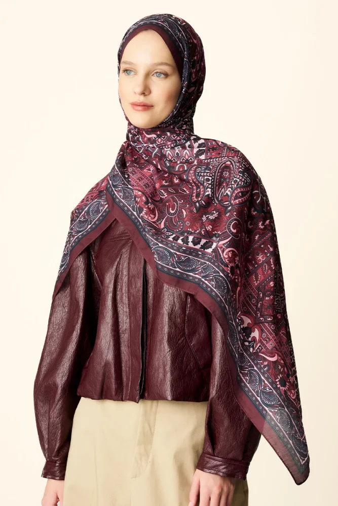 Yekta Desenli Pamuk Dokulu Şal - Bordo - 2