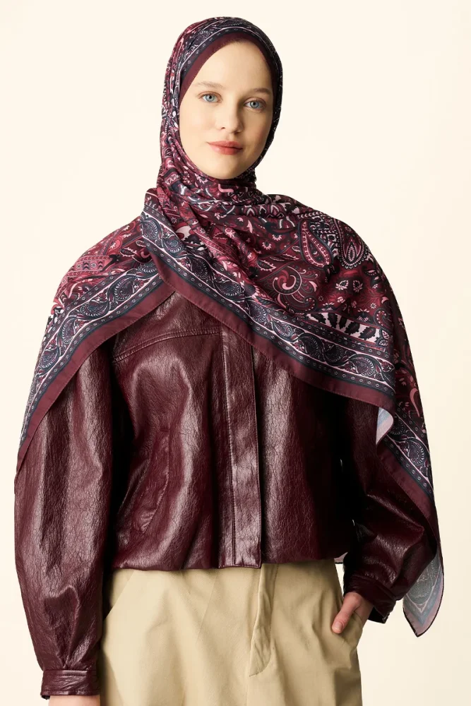Yekta Desenli Pamuk Dokulu Şal - Bordo - 3