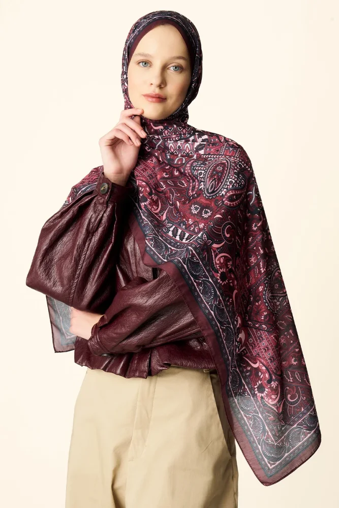 Yekta Desenli Pamuk Dokulu Şal - Bordo - 4