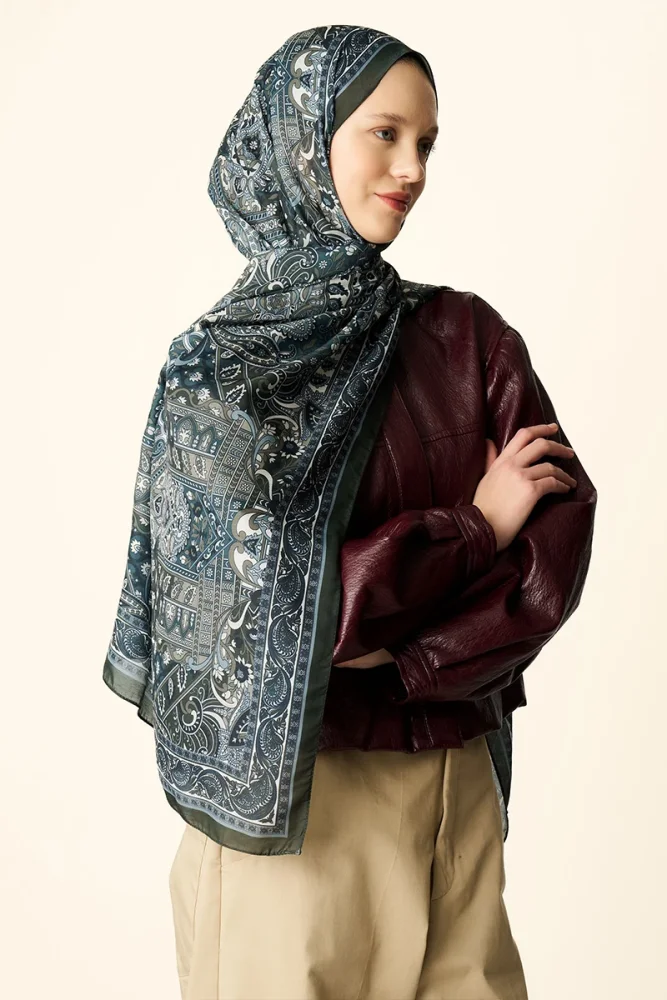 Yekta Desenli Pamuk Dokulu Şal - Haki - 1