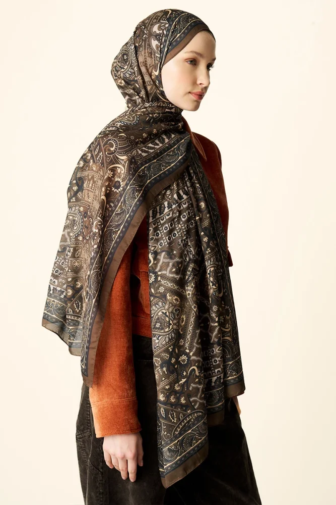 Yekta Desenli Pamuk Dokulu Şal - Kahverengi - 3