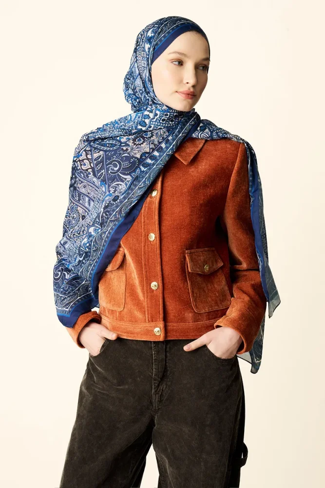 Yekta Desenli Pamuk Dokulu Şal - Lacivert - 2