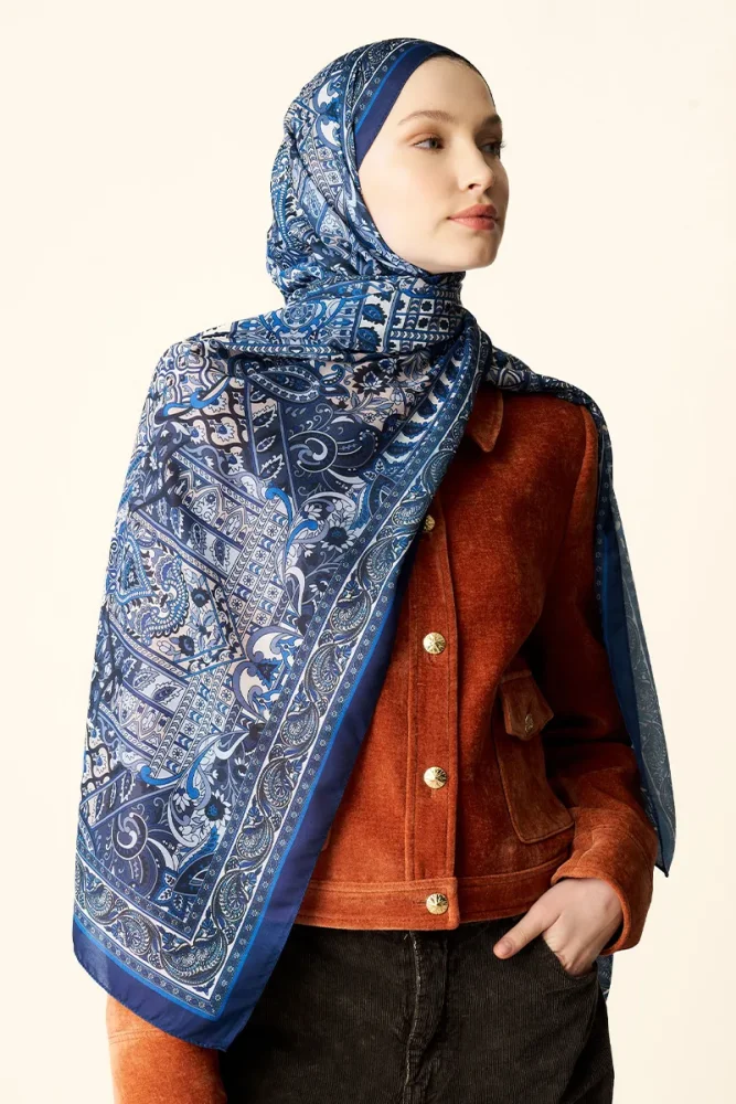 Yekta Desenli Pamuk Dokulu Şal - Lacivert - 4