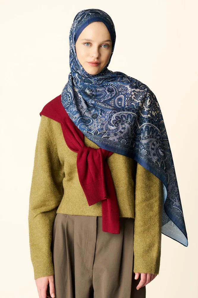 Zaria Desenli Pamuk Dokulu Şal - Lacivert - 3