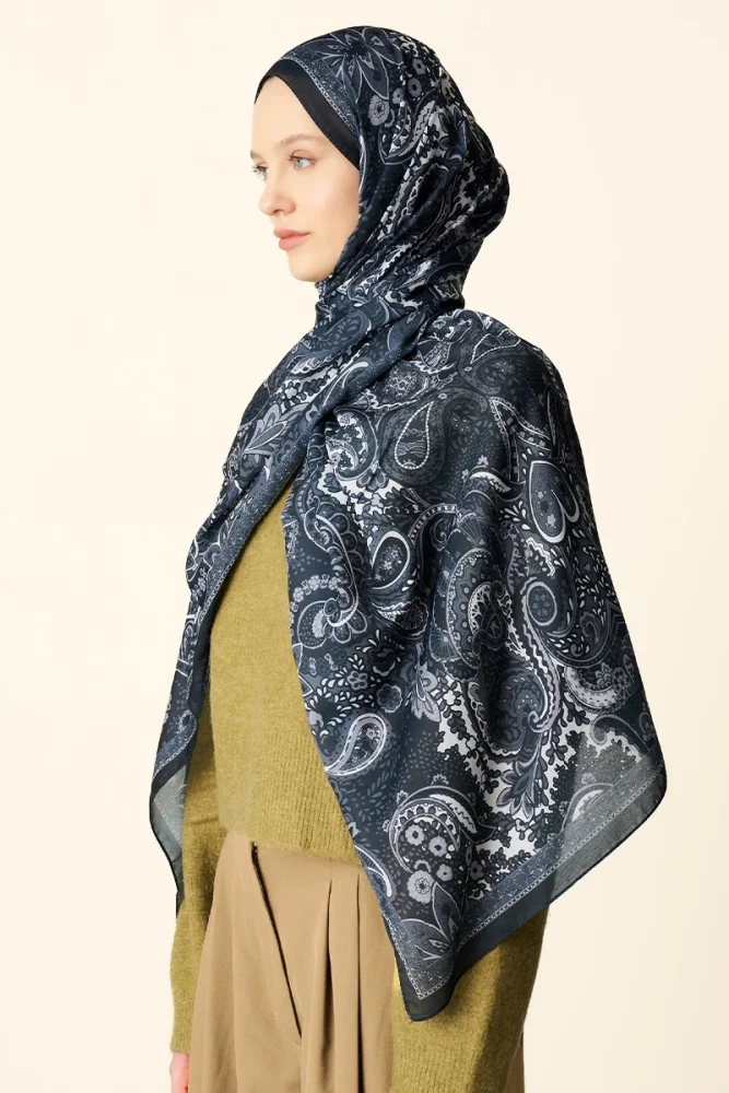 Zaria Desenli Pamuk Dokulu Şal - Siyah - 4