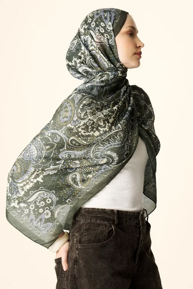 Zaria Desenli Pamuk Dokulu Şal - Yeşil - 3